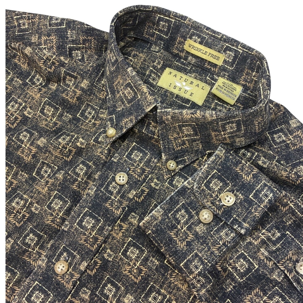 Vintage Natural Issue Mens Long Sleeve Geometric Print Button Down Shirt Large